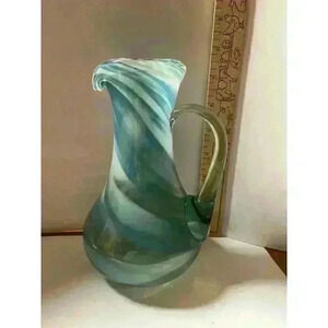 Vintage hand blown blue/white glass pitcher‎